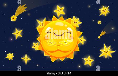 Cartoon cute sun and stars mascot characters Stock Vector