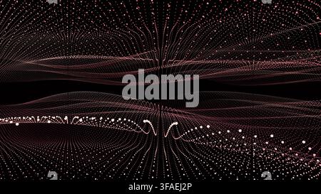 Red-pink luminous particles form a multi-layered undulating surface, forming a flowing wave surface in the dark space. Stock Photo