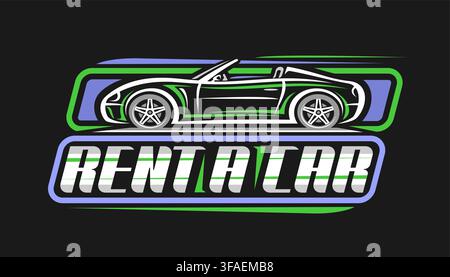 Vector logo for Rent a Car, horizontal blackboard with hand draw line art of modern cabriolet car, automotive sign board with green clipart cabriolet Stock Vector