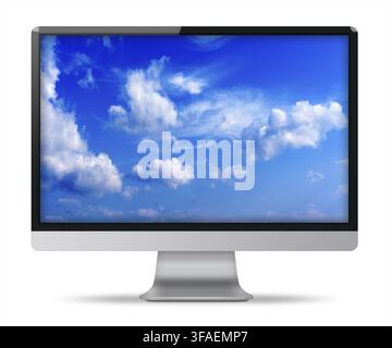 Modern flat screen computer monitor with with blue sky and beautiful clouds on screen isolated on white background. Highly detailed illustration Stock Photo