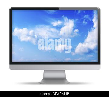 Computer display with blue sky and beautiful clouds on screen. Front view. Isolated on white background. Highly detailed illustration Stock Photo