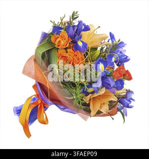 Flower bouquet from roses, lilies, iris and other flowers isolated on white background Stock Photo