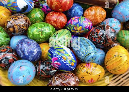 Many decorated Easter eggs, top view. Festive tradition Stock Photo