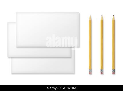 Set of Blank Envelopes and Yellow Pencils Isolated on White Background. With Soft Shadows Stock Photo