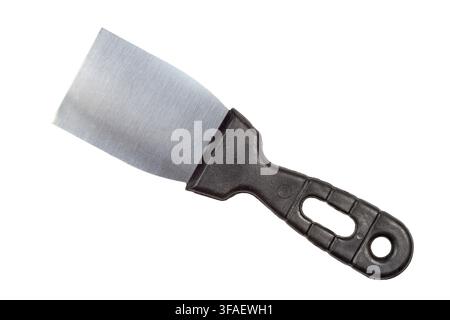 Construction spatula on a white background. Spatula with black plastic handle. Stock Photo