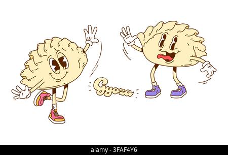 Retro groovy Gyoza characters with expressive face Stock Vector