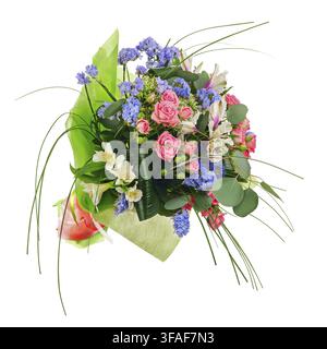 Flower bouquet from multi colored roses, lilies and other flowers isolated on white background Stock Photo
