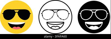 Cool face with sunglasses emoji emotion icon set outline silhouette and color vector isolated on white background Stock Vector