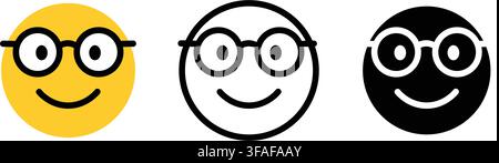 Nerd face with glasses emoji emotion icon set outline silhouette and color vector isolated on white background Stock Vector
