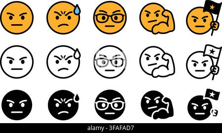 Angry emoji face emotion icon set outline silhouette and color vector isolated on white background Stock Vector
