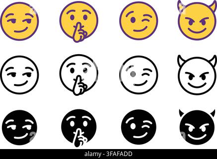 Smirk winks shush and devil emoji face icon set outline silhouette and color vector isolated on white background Stock Vector