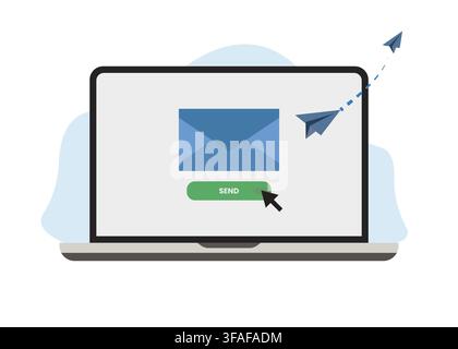 Vector illustration of sending an email message on a laptop screen with paper planes flying away. Ideal for marketing, communication, and business. Stock Vector