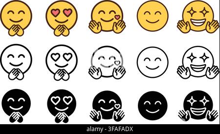 Cute, happy emoji face set with hands icon set outline silhouette and color vector isolated on white background Stock Vector