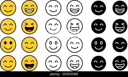 Happy smile emoji face icon set outline silhouette and color vector isolated on white background Stock Vector