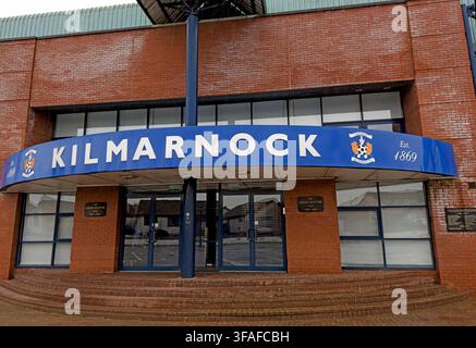 Kilmarnock FC stadium frontage with Kilmarnock 1869 signage at Rugby Park, home of the historic Scottish football club in Ayrshire Stock Photo