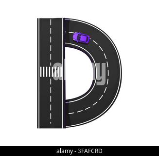 Cartoon asphalt road alphabet letter D with car Stock Vector