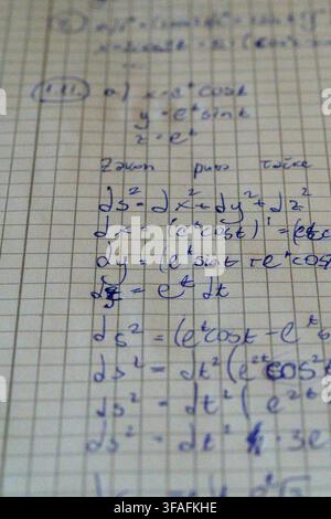 An extreme macro shot of handwritten differential geometry formulas for arc length, written in blue ink on grid paper with a shallow depth of field. Stock Photo