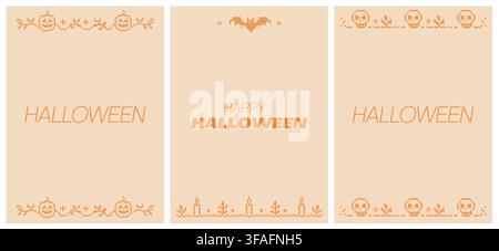 Cross stitch Halloween greeting card template set. Spooky embroidery folk art backgrounds. Digital invitation layouts with pumpkin, bat, skull borders Stock Vector