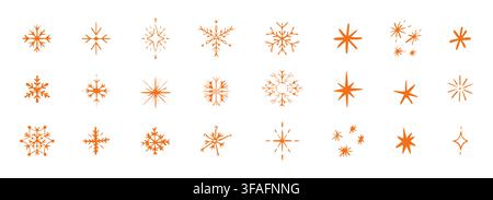 Snowflake cute pencil drawing doodle. Textured simple hand drawn crayon asterisk and snow crystals. Kids style childlike set elements. Scrapbook stickers, design elements. . Vector illustration Stock Vector