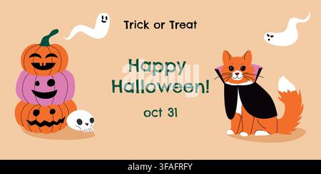 Cute Halloween greeting illustration with stacked pumpkins, ghosts, skull and orange cat in a vampire costume, decorated with festive Trick or Treat Stock Vector