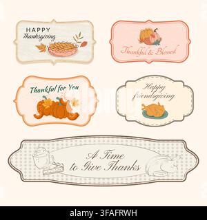 Set of vintage Thanksgiving gift tags, labels, and badges with pie, pumpkin, and turkey illustrations. Stock Vector