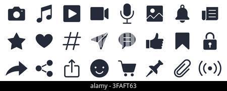 Social media glyph icon set. Camera, chat bubble, heart, notification bell, shopping cart vector illustrations. Simple silhouette signs for internet Stock Vector