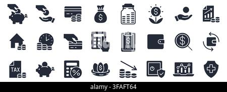 Retirement money glyph icon set. Pension fund, profit growth, piggy bank, finance budget, income minimal vector illustration. Simple silhouette signs Stock Vector