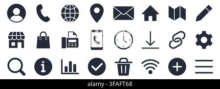 Web and communication glyph icon set. User, phone, mail, location, home minimal vector illustrations. Simple silhouette signs for contact us, basic UI Stock Vector