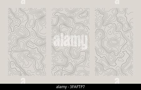 Set of vertical topographic map patterns isolated on white background. Line contour geographic abstract grid. Editable stroke. Topographic relief. Sub Stock Vector