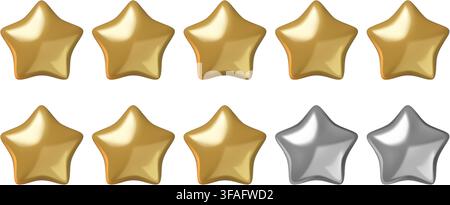 Gold and silver 3D realistic star icons set in a row for quality rating review feedback concept  Stock Vector