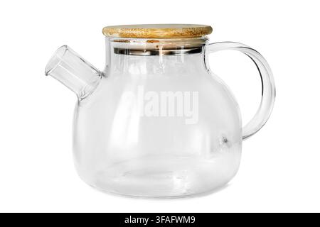 Empty glass teapot with bamboo lid isolated on white background Stock Photo