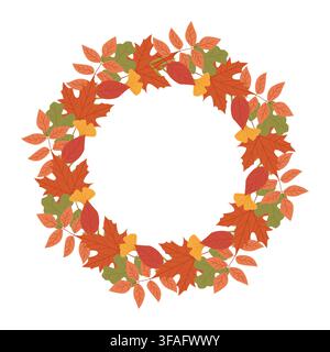 Autumn wreath made of colorful leaves and small yellow flowers on a white background. Seasonal illustration perfect for fall decoration Stock Vector