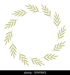 Circular wreath of stylized green leaves arranged symmetrically on a white background. Minimalistic botanical illustration perfect for seasonal Stock Vector