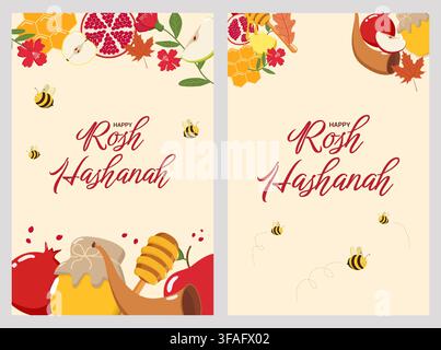 Two Rosh Hashanah greeting cards with apples, pomegranates, honey jars, bees, shofars, and Happy Rosh Hashanah text, symbolizing sweetness Stock Vector