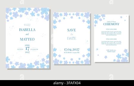 Elegant wedding stationery set with blue floral design, including invitation, RSVP, menu, and ceremony cards Stock Vector