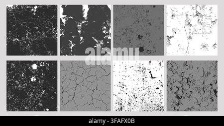 Set of 8 grunge cracked and distressed grayscale textures. Perfect for overlays, posters, digital art Stock Vector