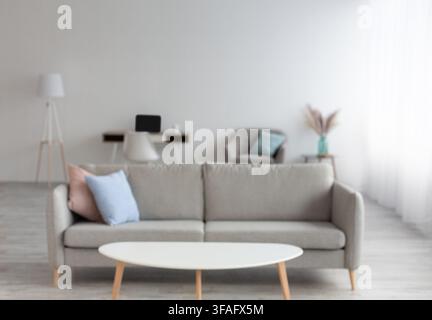 Sofa with blue and pink pillows, chair and desk with laptop and cup, dry bouquet in vase on table Stock Photo