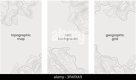 Set of vertical designs with label and topographic map patterns isolated on subtle background. Line contour geographic abstract grid. Editable stroke. Stock Vector