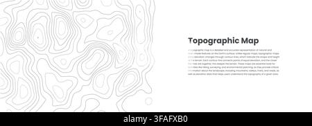 Horizontal wide banner with copy space and topographic line contour map design, geographic abstract grid map. Editable stroke. Vintage outdoors style Stock Vector