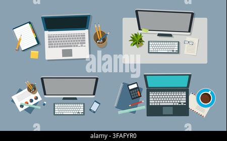 Top view desk workspace with laptop computer notebook for kid stationery and office equipment. Stock Vector