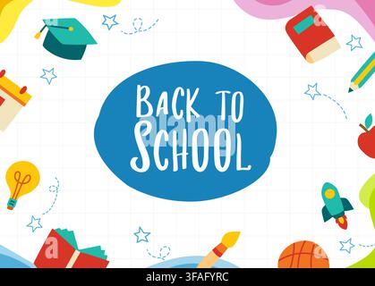 Back to school kids banner frame template with cute hand drawn education supplies. Stock Vector