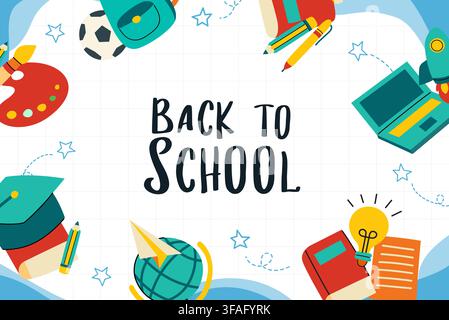 Back to school banner frame template with cute doodle study supplies and stationery. Stock Vector