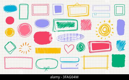 Hand drawn kid illustration of different forms. Doodle dencil or marker drawings. Vector scribbles geometric shapes and icons. Photo frames template. Stock Vector