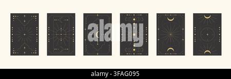 Collection of cards featuring celestial elements and symbols of mysticism and the occult. Set of templates featuring golden abstract symbols on black Stock Vector