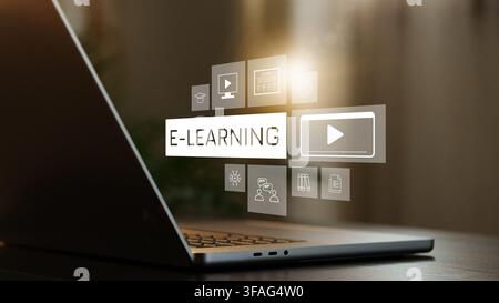 E learning concept shown on a laptop screen with various educational symbols in a workspace environment Stock Photo