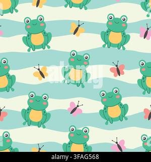 Seamless striped pattern with cute frogs and butterflies Stock Vector