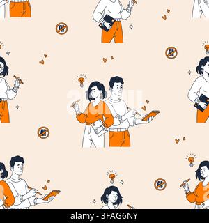 Human Artists Team Without AI. Seamless Pattern of Digital Artist and Designer with Tablet, Pencil Sketchbook for Authentic Creative on Light Backgrou Stock Vector