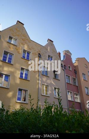Sunlight and tree shadows cast over sgraffito-decorated tenement facades in the historic Old Town district in Gdansk, viewed behind leafy green bushes Stock Photo