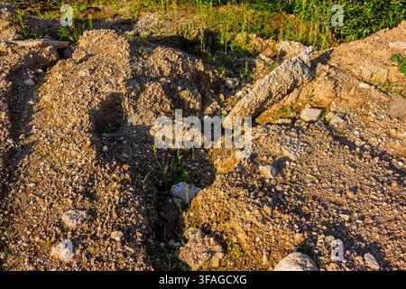 Heaps of crushed stone mixed with large chunks of broken concrete on an uneven construction site with sparse green grass illuminated by the warm golde Stock Photo