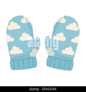 Blue Winter Mittens with White Cloud Pattern Stock Vector